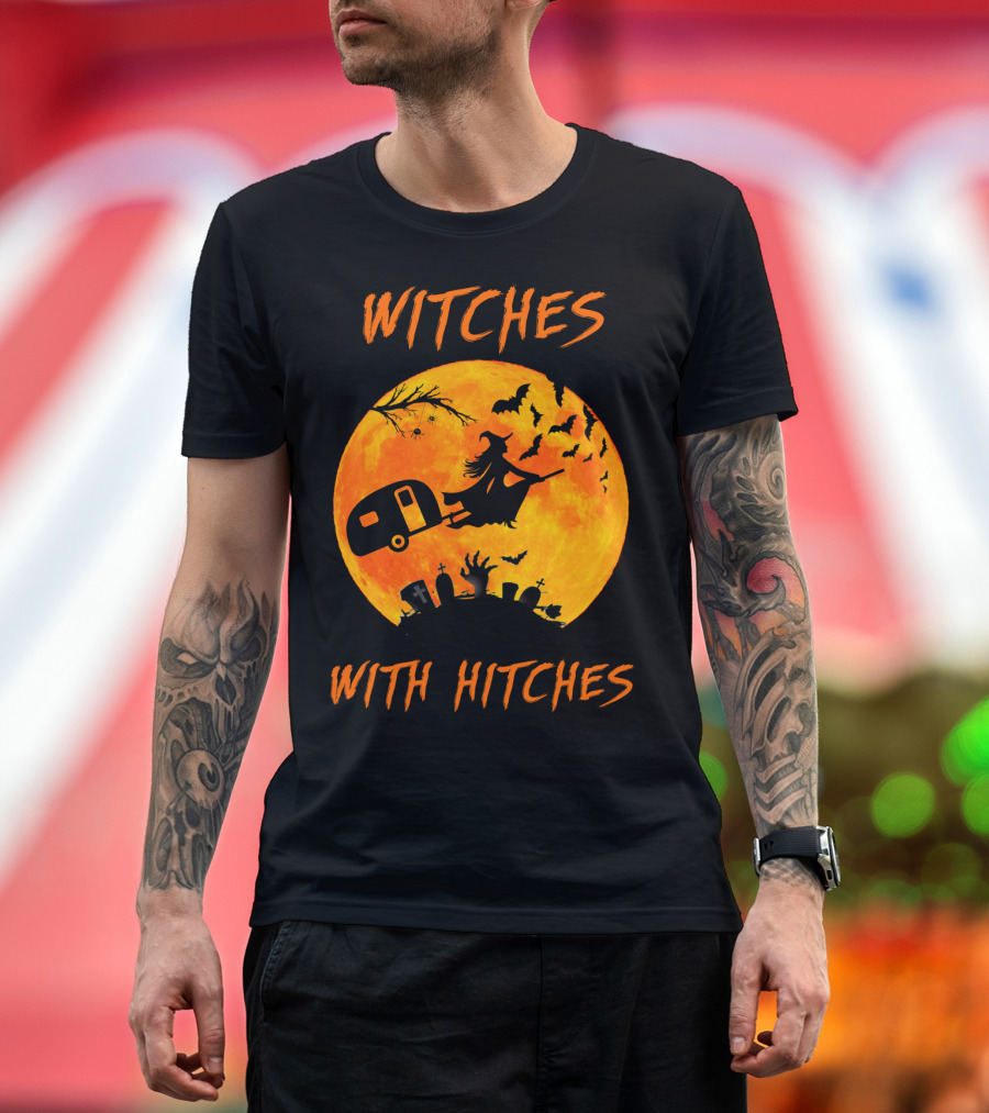 Witches With Hitches Funny Halloween Witches Riding Broomsticks Pulling Trailers T-Shirt