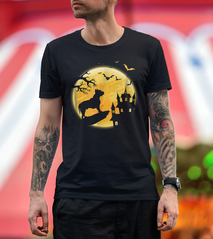 Funny Pit Bull Moon with Bats and Haunted Castle T-Shirt