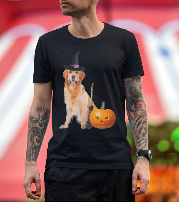 Premium T-Shirt: Golden Retriever Witch Hat Halloween Dog with Pumpkin and Broom T-Shirt Golden Retriever Witch Hat Halloween Dog with Pumpkin and Broom T-Shirt