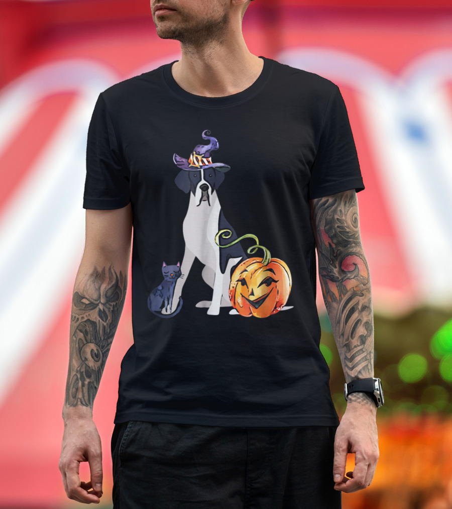 Great Dane Cat Witch Hat Pumpkin Halloween Mantle T-Shirt