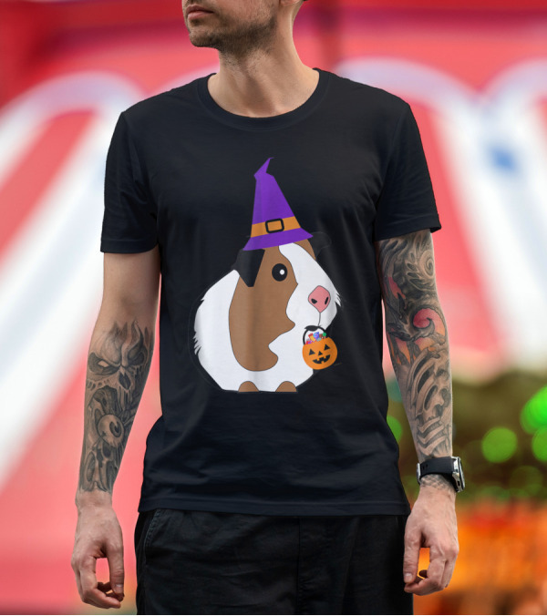 Premium T-Shirt: Guinea Pig Halloween Witch with Purple Hat and Pumpkin T-Shirt Guinea Pig Halloween Witch with Purple Hat and Pumpkin T-Shirt