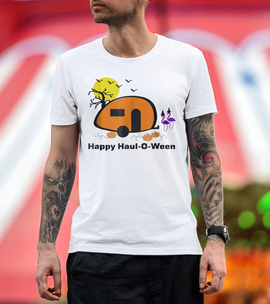 Happy Haul-O-Ween Camping with Pumpkins and Flamingos T-Shirt