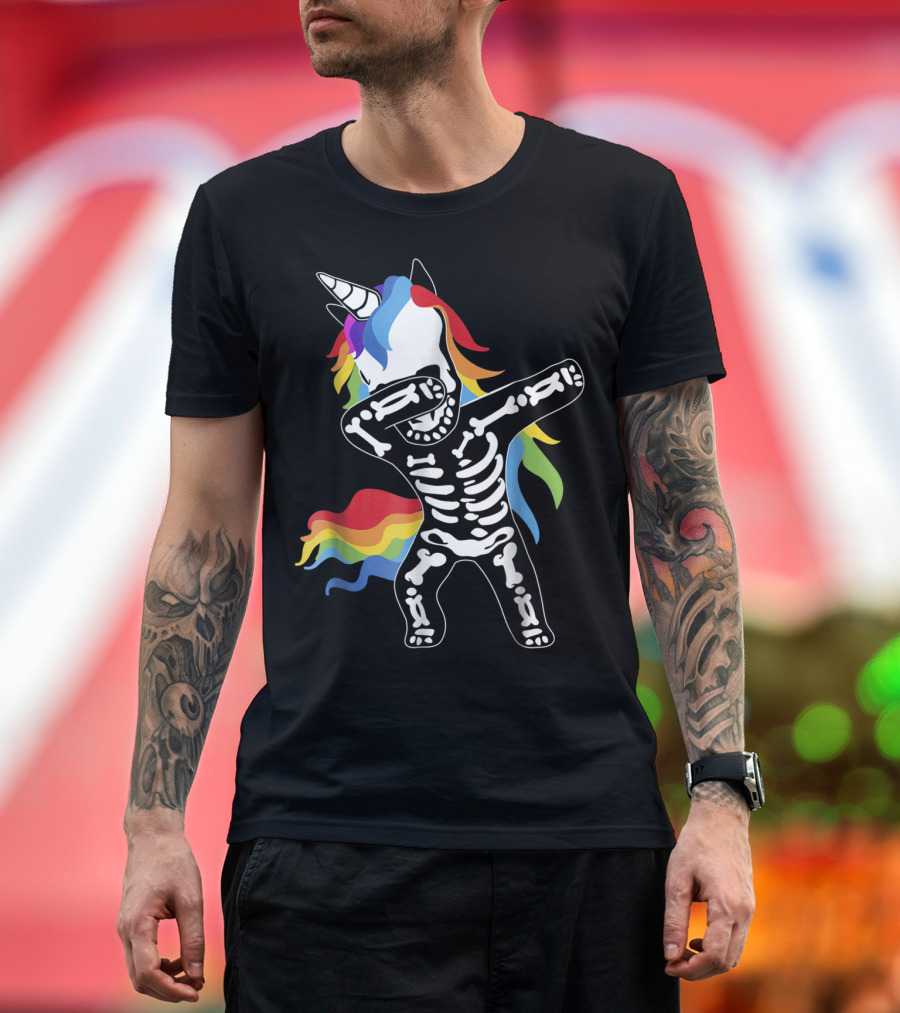Halloween Funny Skeleton Dabbing Unicorn Rainbow Dab T-Shirt