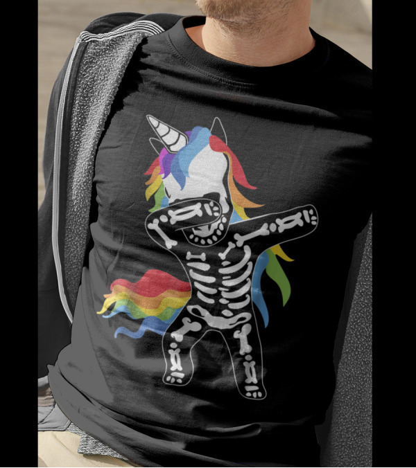 Halloween Funny Skeleton Dabbing Unicorn Rainbow Dab T-Shirt