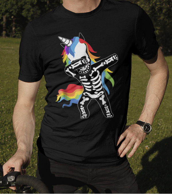 Halloween Funny Skeleton Dabbing Unicorn Rainbow Dab T-Shirt