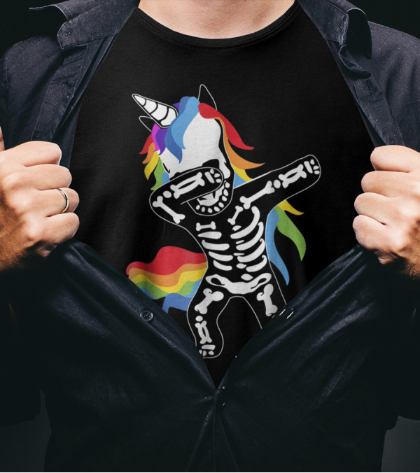 Halloween Funny Skeleton Dabbing Unicorn Rainbow Dab T-Shirt