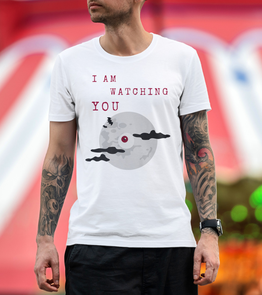I Am Watching You Halloween Eyeball Moon with Bat and Clouds T-Shirt