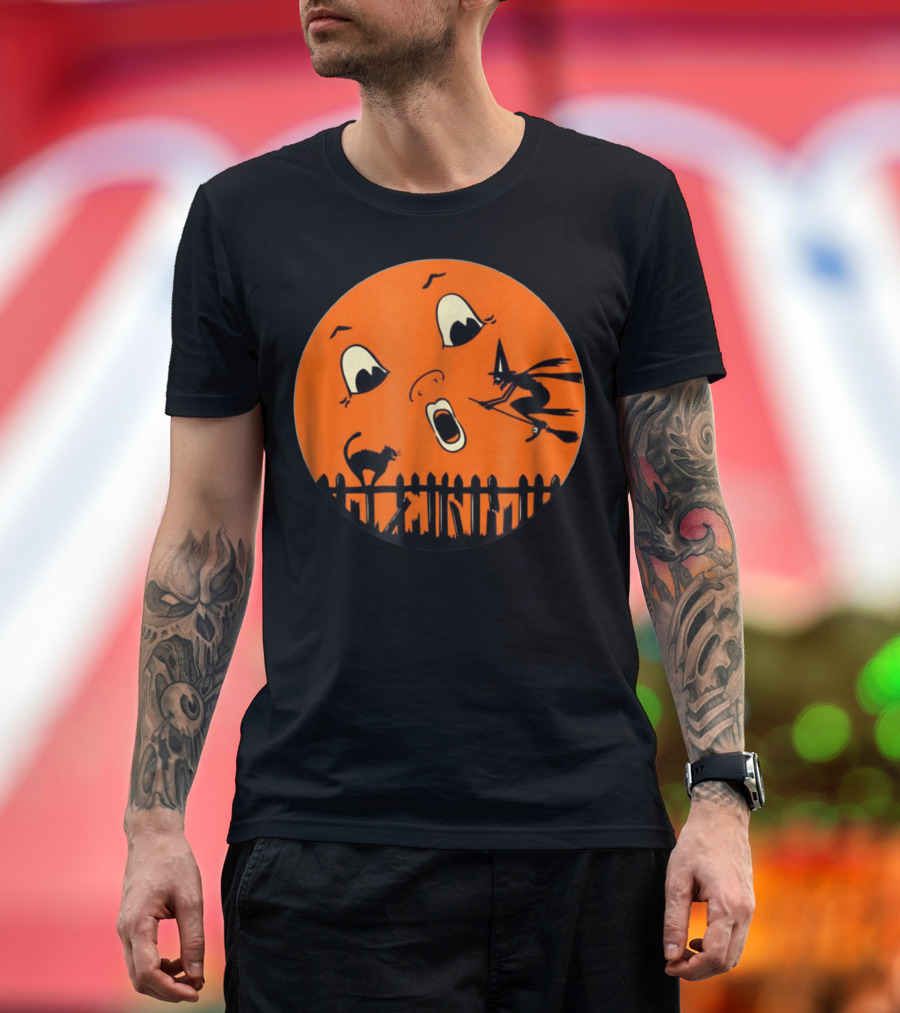 Halloween Moon Witch Black Cat Fence Spooky Duds T-Shirt