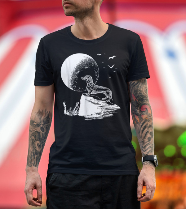 Premium T-Shirt: Halloween Dachshund Howling at Moon with Bats T-Shirt Halloween Dachshund Howling at Moon with Bats T-Shirt