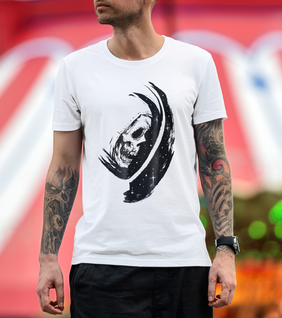 Halloween Skull Astronaut Floating in Cosmic Space T-Shirt