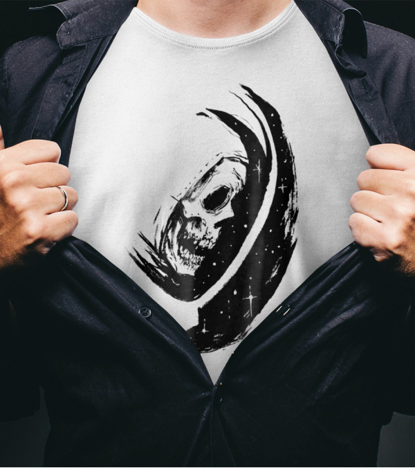 Halloween Skull Astronaut Floating In Cosmic Space T-Shirt
