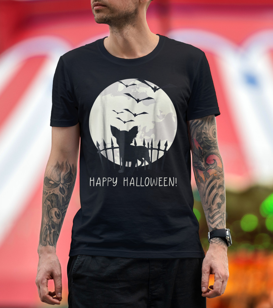 Happy Halloween with Chihuahua Moon Bats Fence T-Shirt