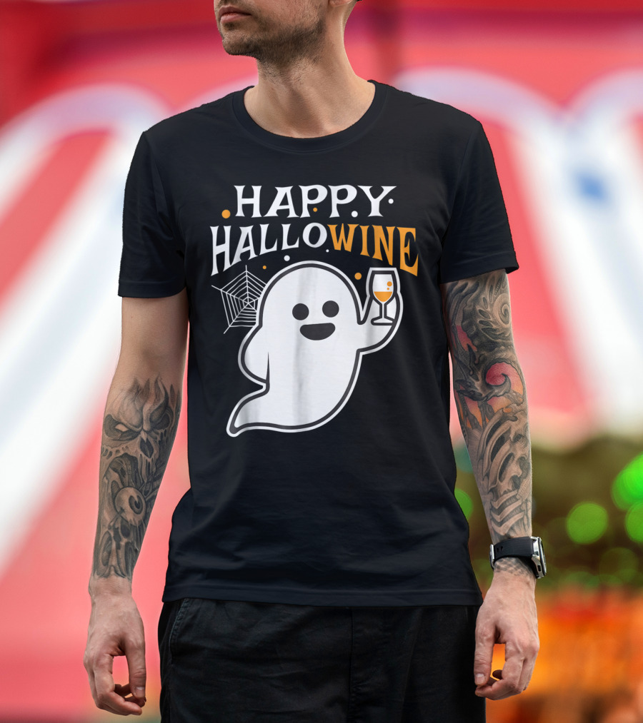 Happy Hallowine Halloween Drinking Wine Ghost with Wine Glass and Spider Web T-Shirt