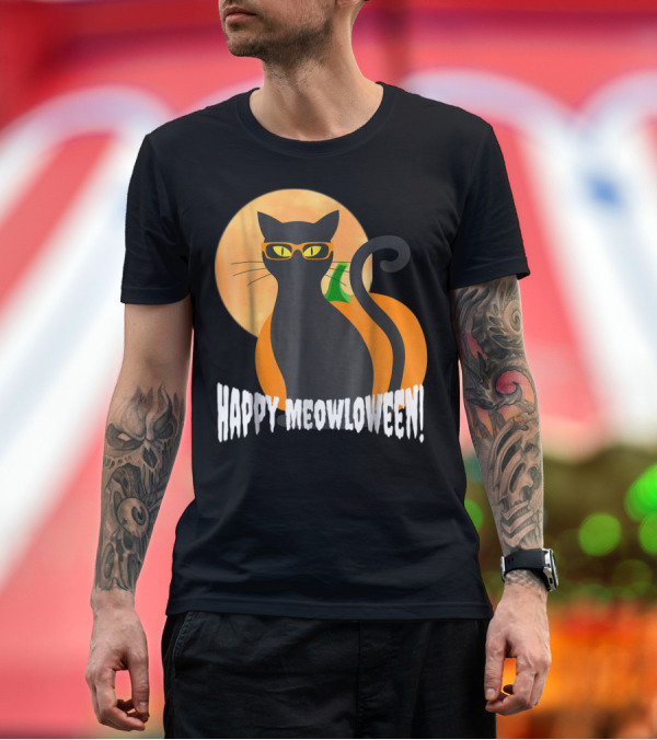 Premium T-Shirt: Happy Meowloween Hipster Halloween Cat with Glasses and Moon T-Shirt Happy Meowloween Hipster Halloween Cat with Glasses and Moon T-Shirt