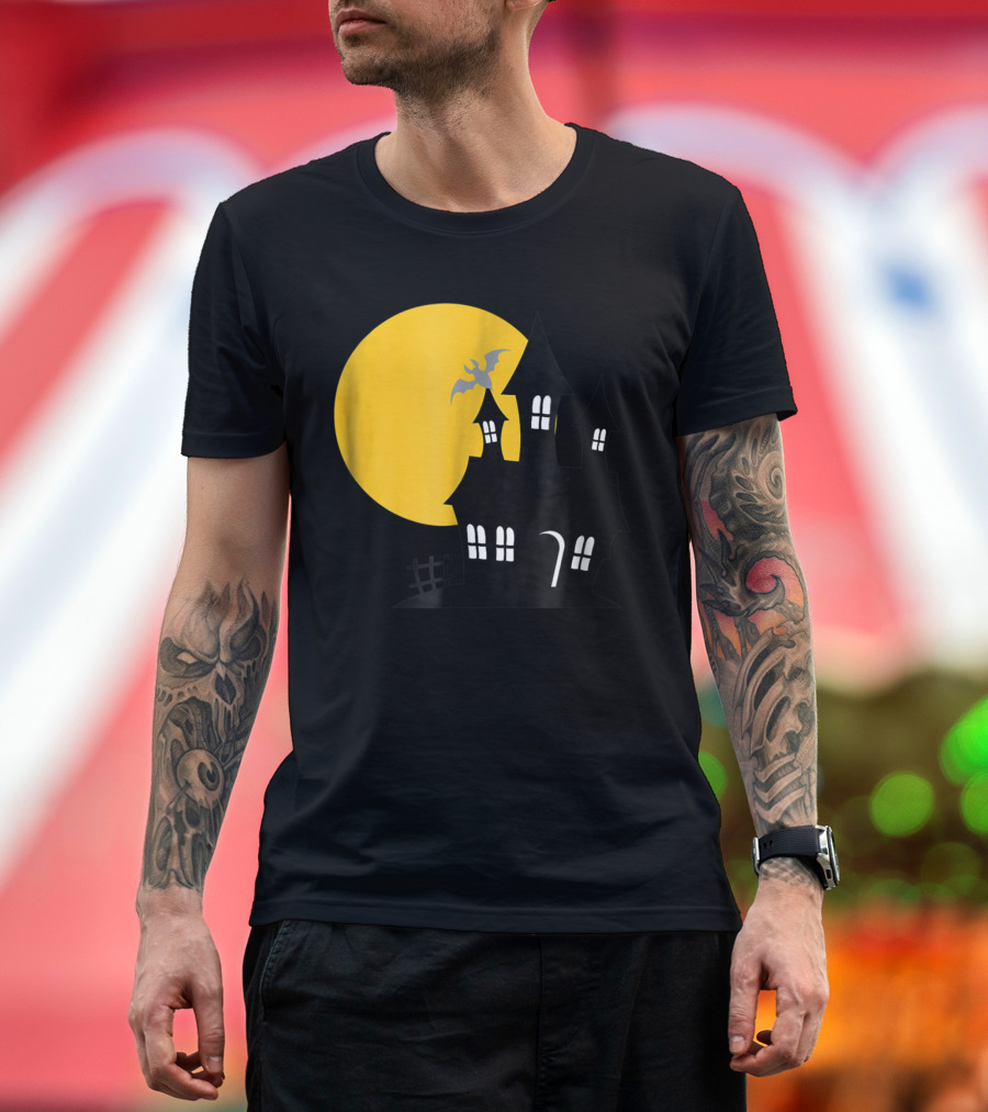 Haunted House and Harvest Moon with Bat and Yellow Full Moon T-Shirt