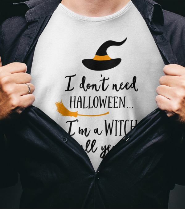 I Don't Need Halloween I'm A Witch All Year Witch Hat And Broom T-Shirt