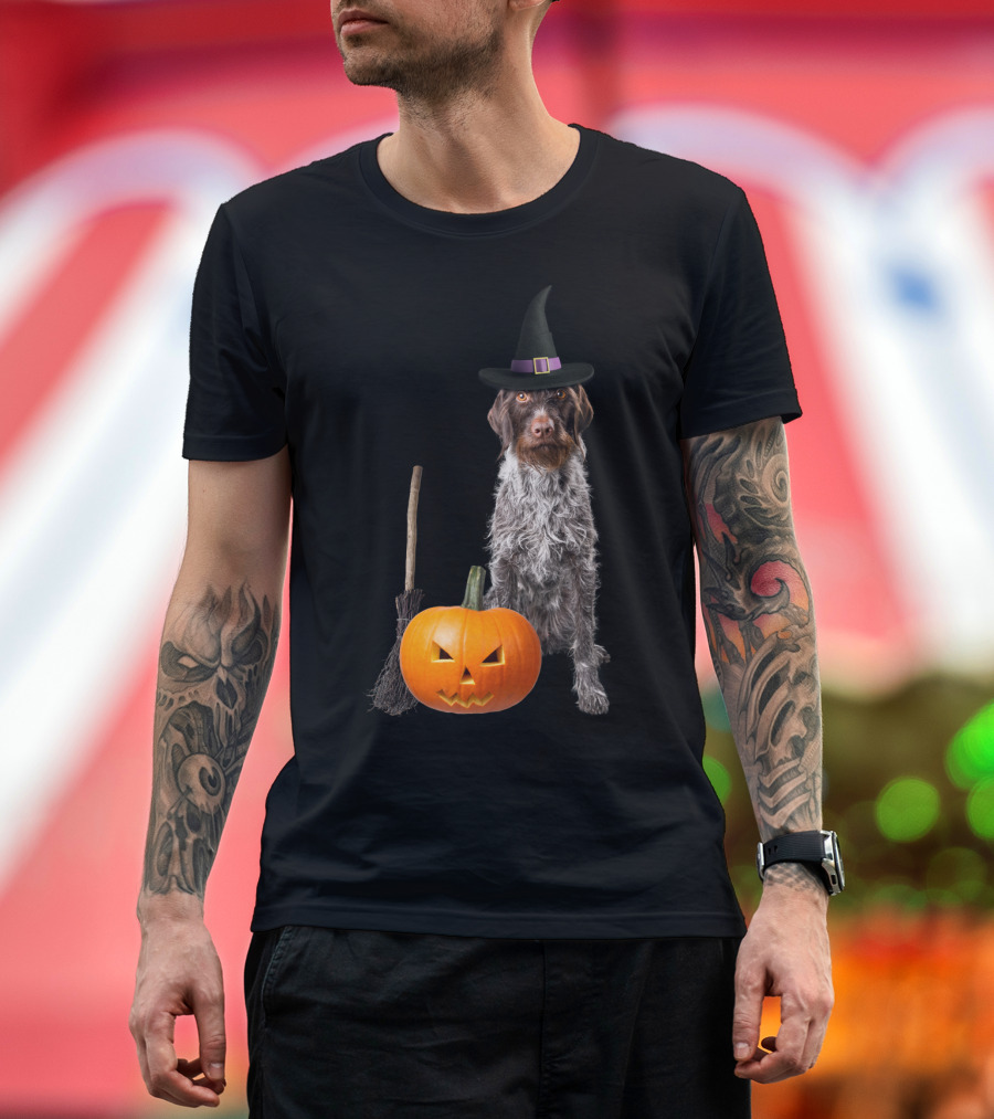 German Wirehaired Pointer Witch Hat Pumpkin Broom Halloween T-Shirt
