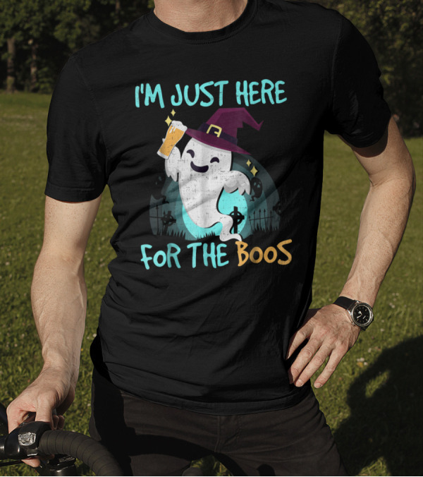 I'm Just Here For The Boos Halloween Ghost With Witch Hat And Beer T-Shirt