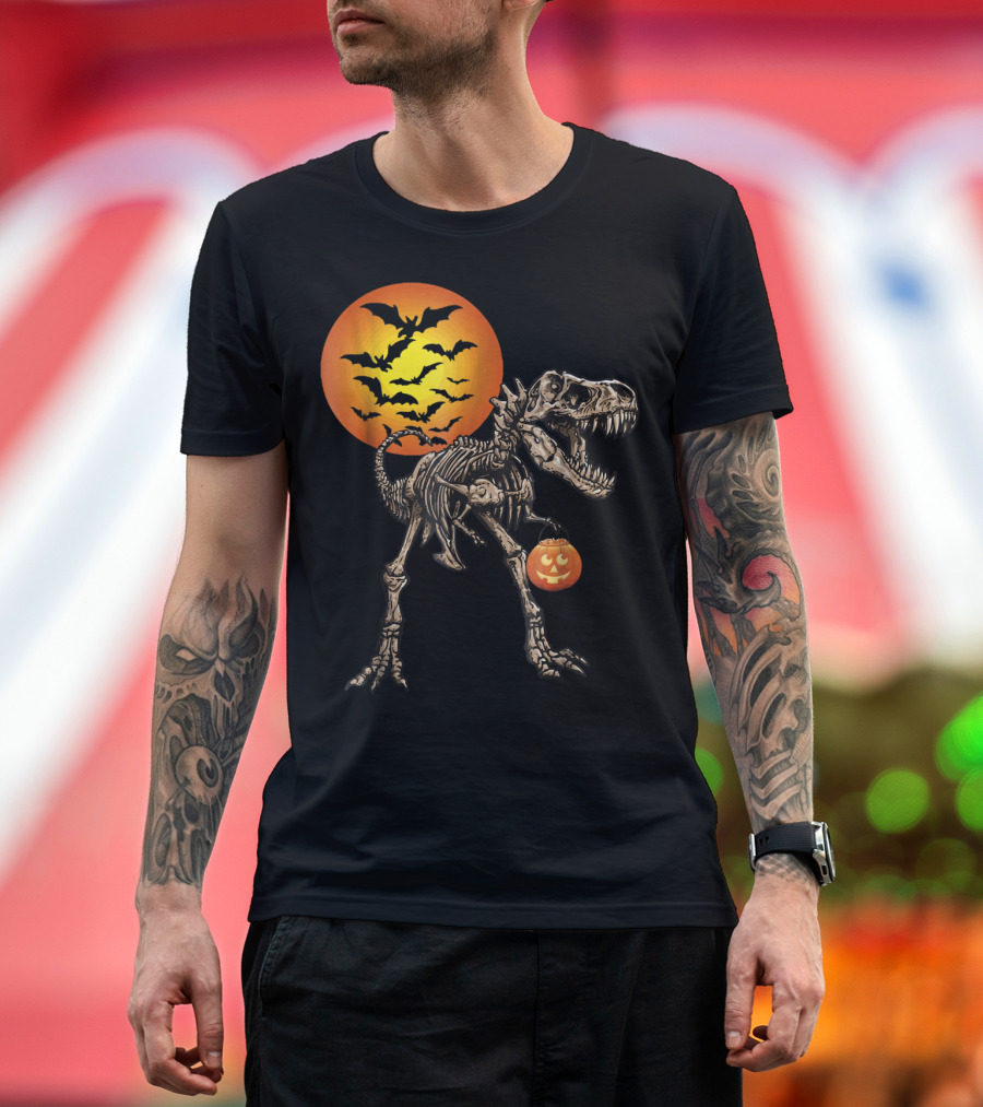 Halloween Dinosaur Rex Skeleton with Pumpkin and Bats Moon T-Shirt