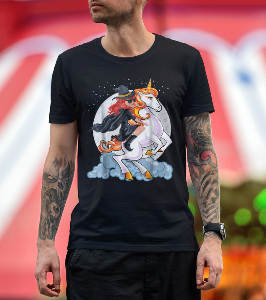 Halloween Witch Unicorn for Girls Riding Mystical Creature in Moonlit Sky T-Shirt