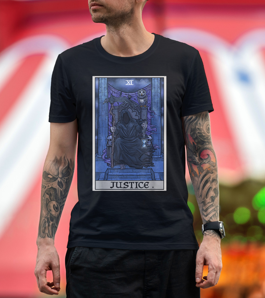 Justice Tarot Card XI Grim Reaper with Scythe and Owl T-Shirt