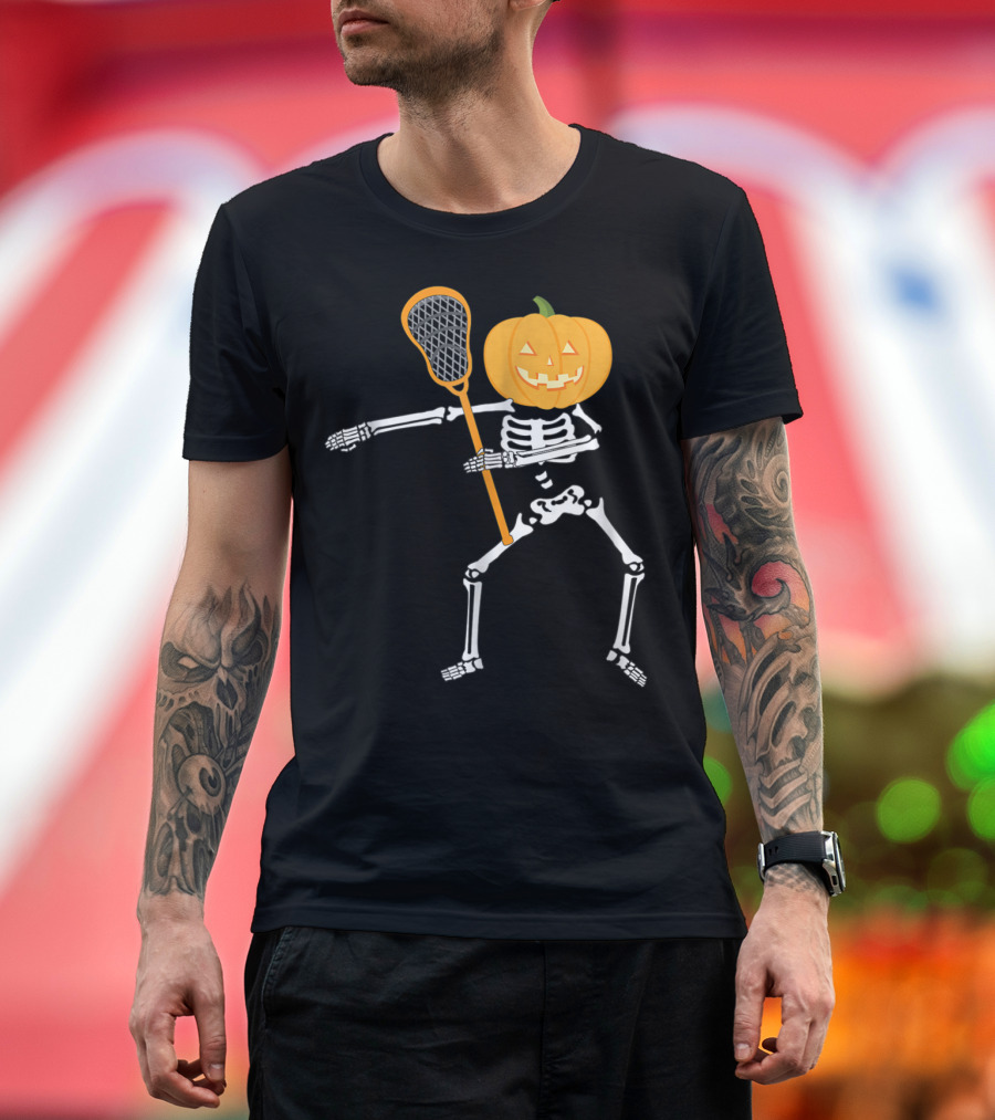 Lacrosse Playing Skeleton With Pumpkin Head Flossing Dance T-Shirt