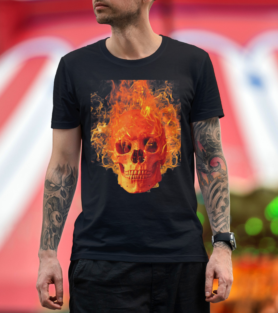 Men's Fiery Skull Day Of Dead Sugar Skulls And Roses T-Shirt
