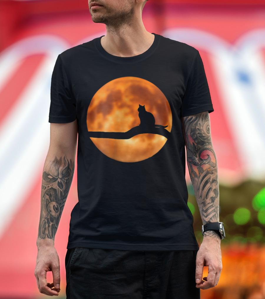 Mercurial Halloween Cat Silhouette Against Full Moon T-Shirt