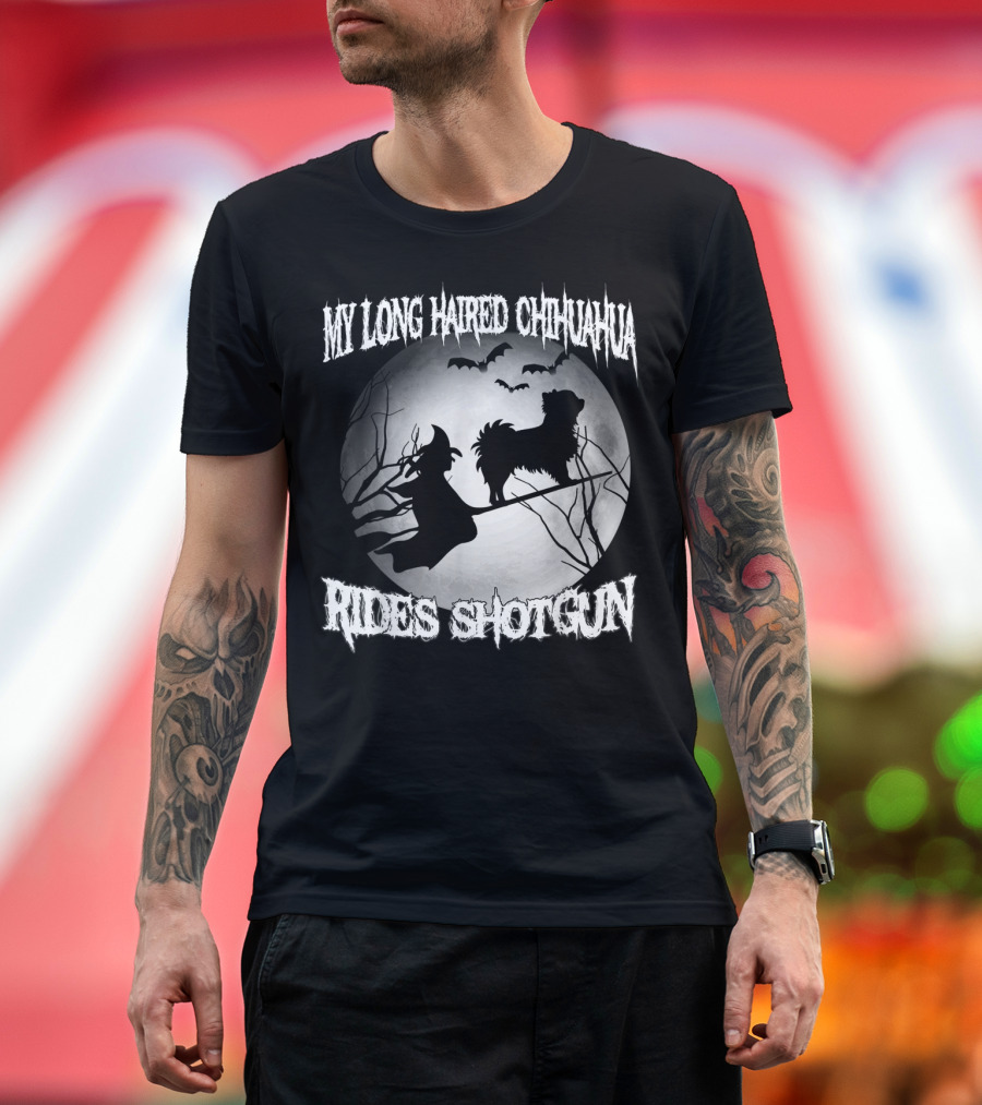 My Long Haired Chihuahua Rides Shotgun Witch Silhouette Moon Bats T-Shirt