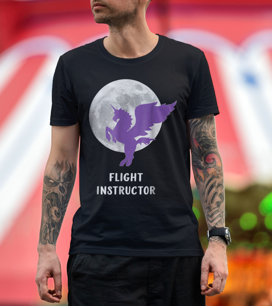 Pegasus Flight Instructor Flying Unicorn Moon Scene T-Shirt