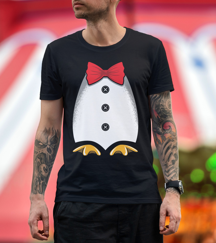 Penguin Tuxedo Red Bow Tie Yellow Feet Black Buttons T-Shirt
