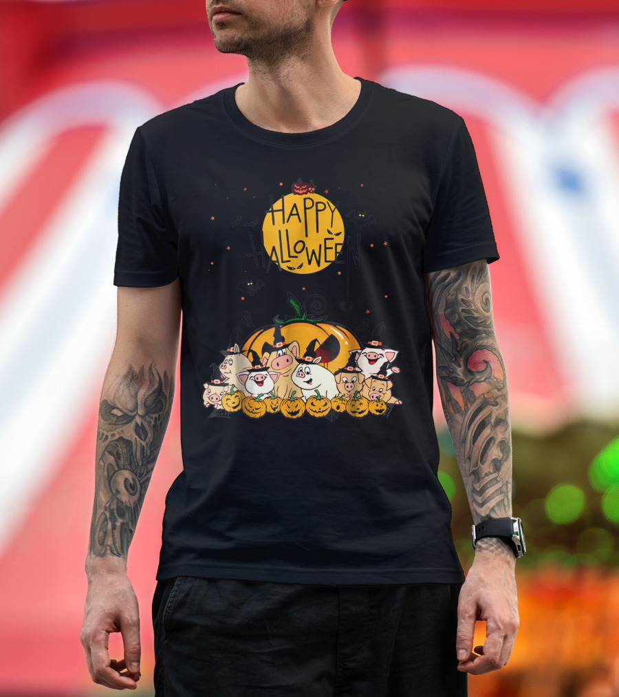 Happy Halloween Pigs Pumpkin Bats T-Shirt