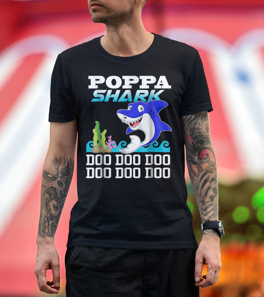 Poppa Shark Doo Doo Doo Blue Cartoon Ocean Scene T-Shirt