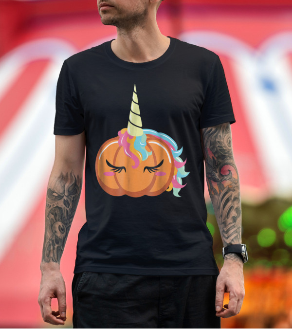 Premium T-Shirt: Pumpkin Unicorn Emoji Face with Rainbow Mane and Horn T-Shirt Pumpkin Unicorn Emoji Face with Rainbow Mane and Horn T-Shirt