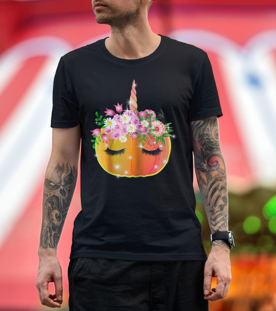 Whimsical Unipumpkin Unicorn Pumpkin with Floral Accents and Sleeping Eyes T-Shirt