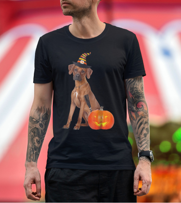 Premium T-Shirt: Rhodesian Ridgeback Witch Hat and Pumpkin Halloween Dog T-Shirt Rhodesian Ridgeback Witch Hat and Pumpkin Halloween Dog T-Shirt