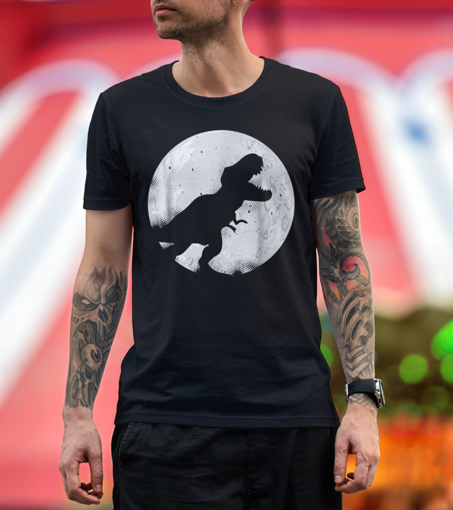 Saurus Rex Dinosaur Silhouette Against Moon Halloween T-Shirt