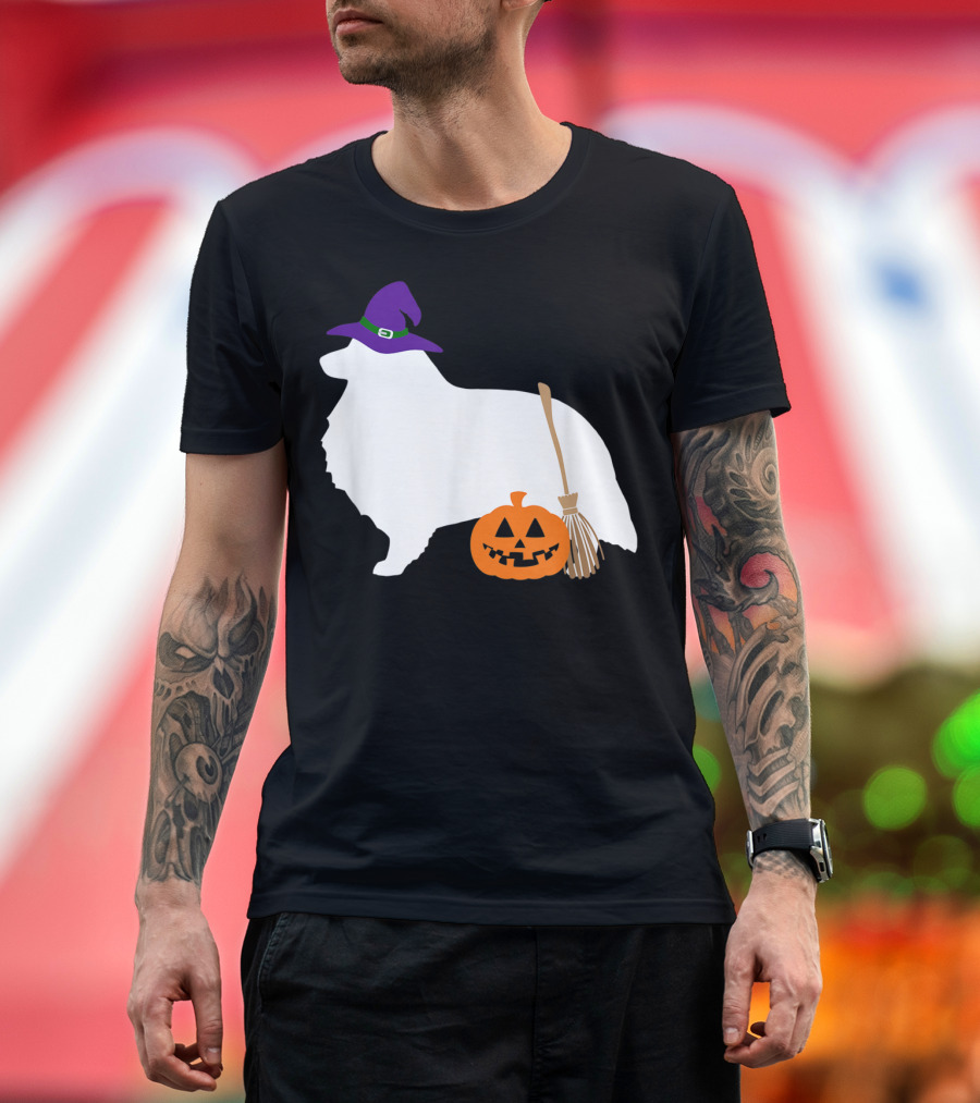 Sheltie Shetland Sheepdog Witch Hat Pumpkin with Broom Halloween T-Shirt