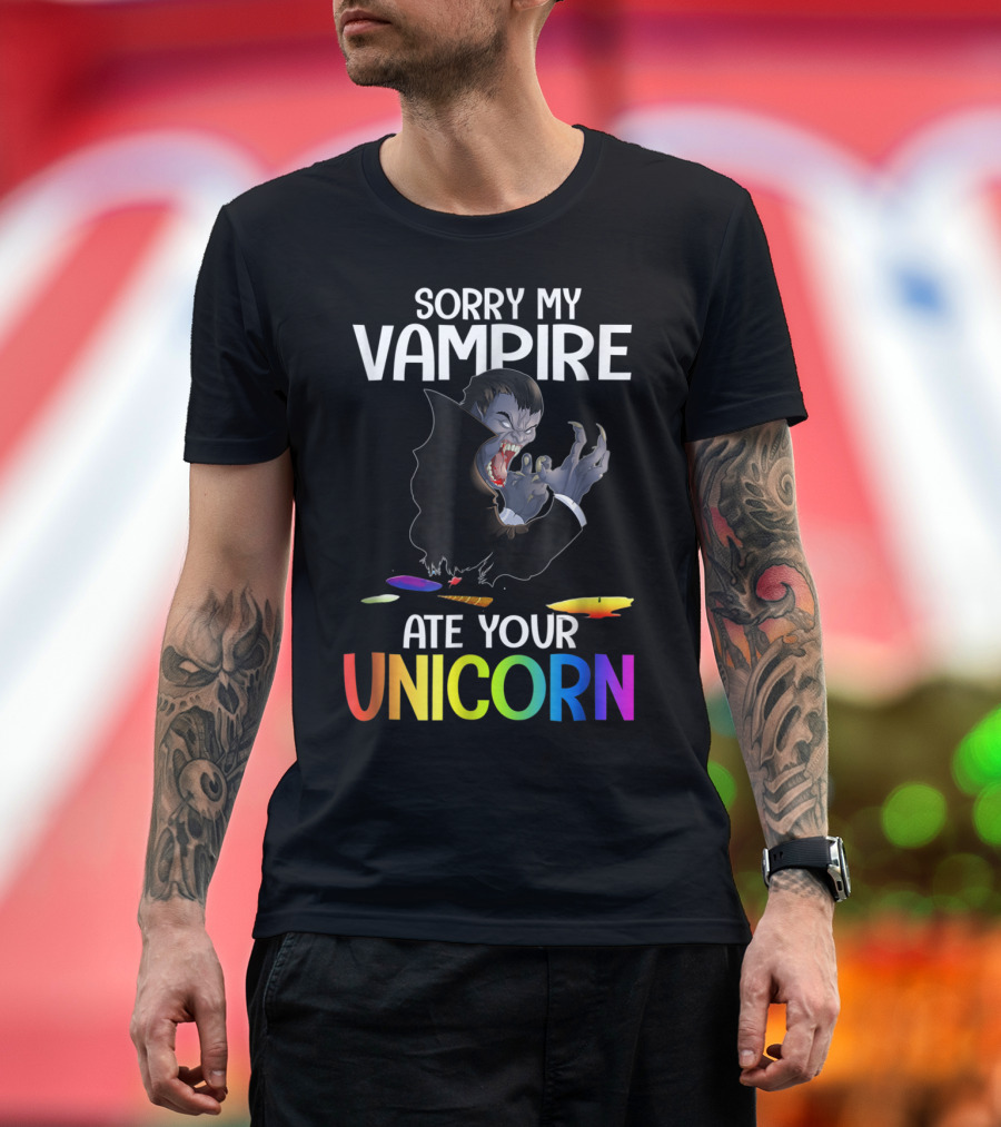 Sorry My Vampire Ate Your Unicorn Rainbow Text with Vampire T-Shirt