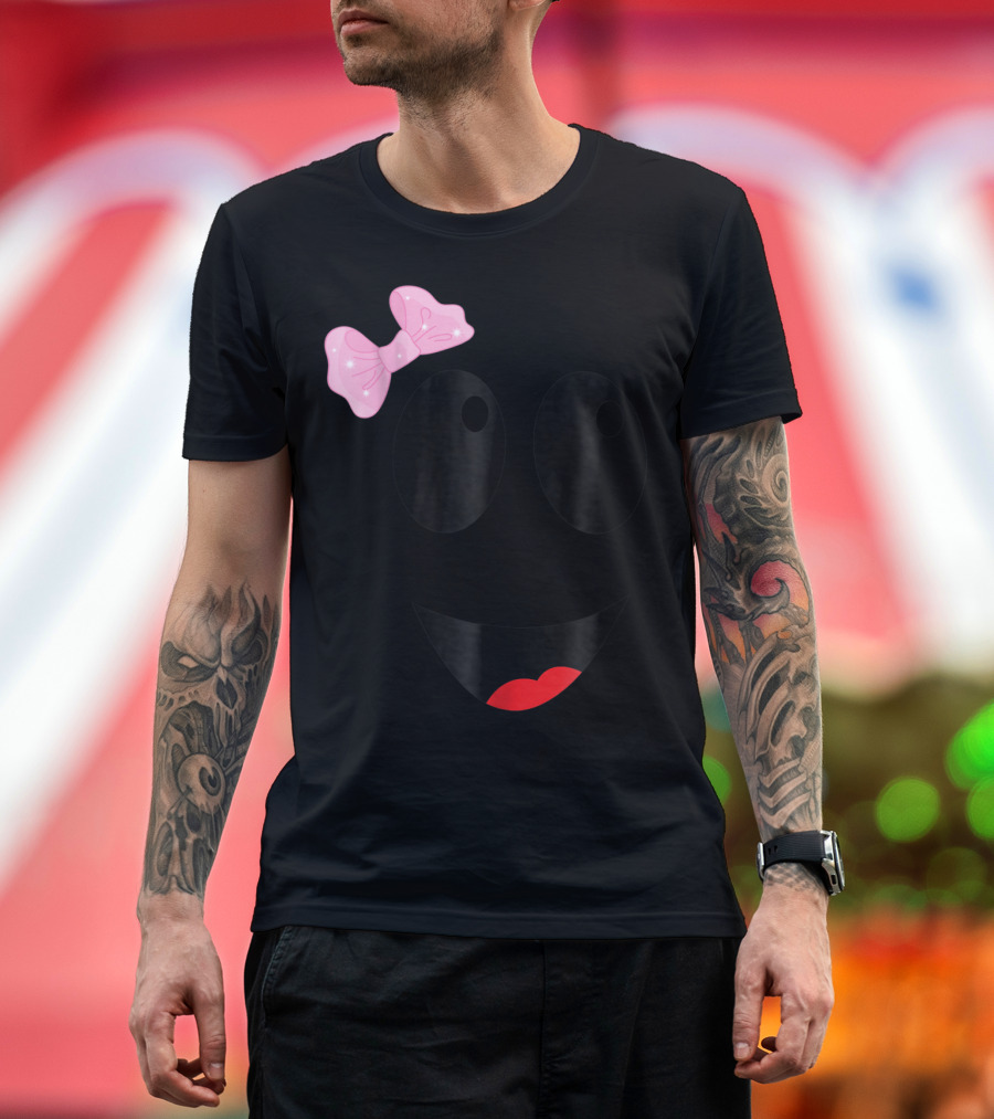 Spooky Face Ghost Girl Easy Pink Bow Black Smiley T-Shirt