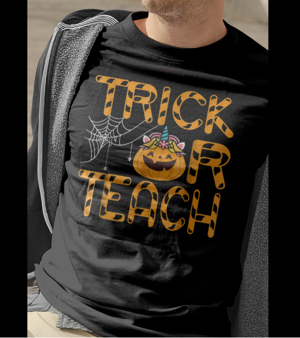 Trick Or Teach Pumpkin Unicorn With Spider Web Halloween T-Shirt