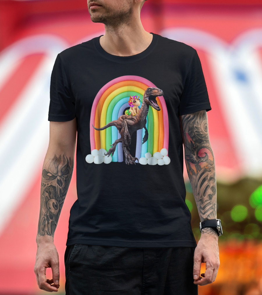 Unicorn Riding Dinosaur Raptor Rainbow Fantasy Adventure T-Shirt