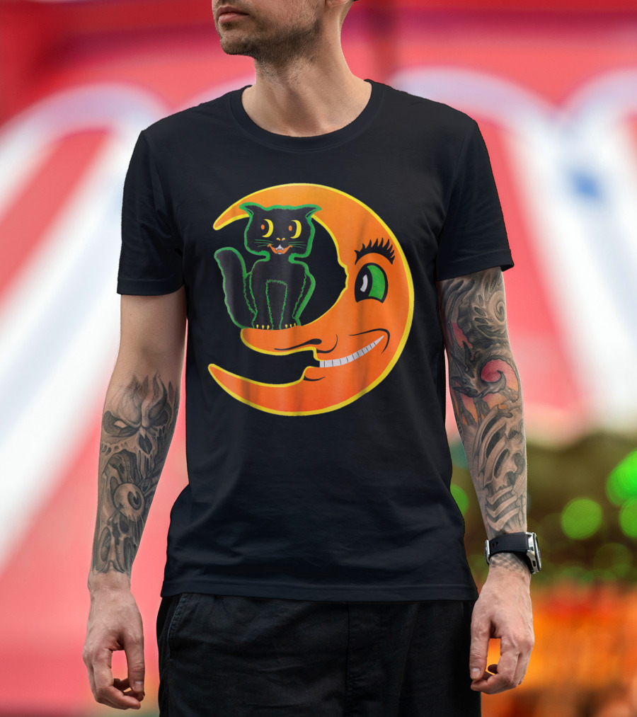 Vintage Halloween Beistle Cat on the Grinning Orange Moon T-Shirt