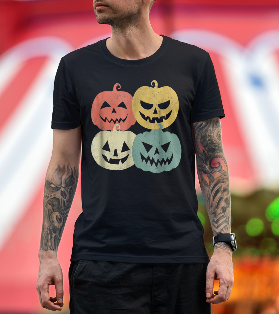 Vintage Pumpkin Funny Pumpkin Colorful Jack-O-Lantern Faces T-Shirt