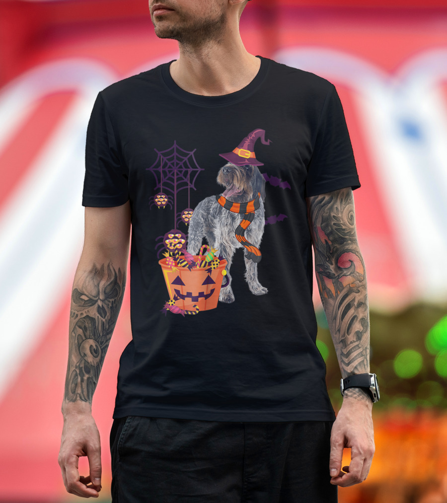 Wirehaired Pointing Griffon Dog Halloween Witch Hat Candy Bucket Spider Web Bats T-Shirt