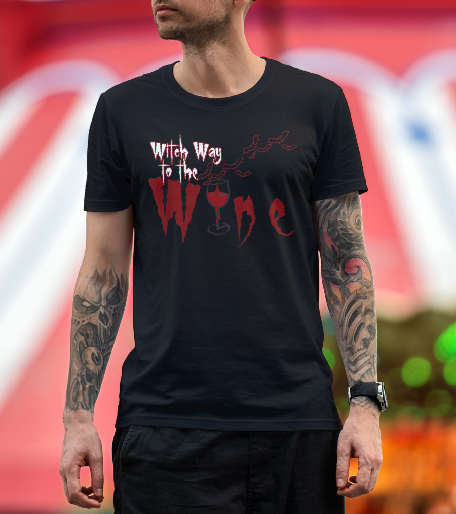 Witch Way to the Wine with Halloween Bats and Glass T-Shirt