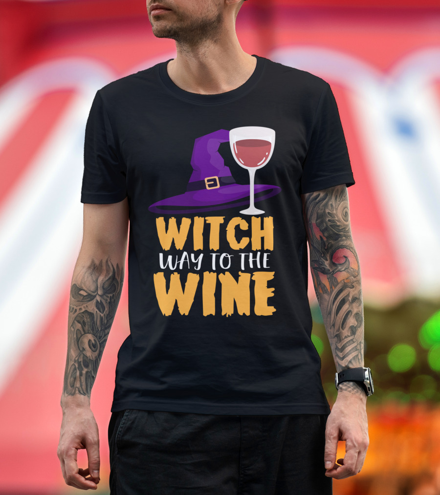 Witch Hat Purple Wine Glass Halloween Fun T-Shirt
