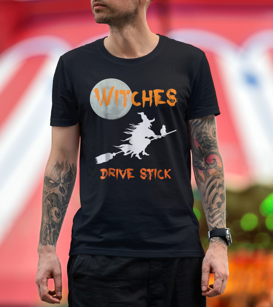 Witches Drive Stick Funny Halloween Moon Witch Cat T-Shirt