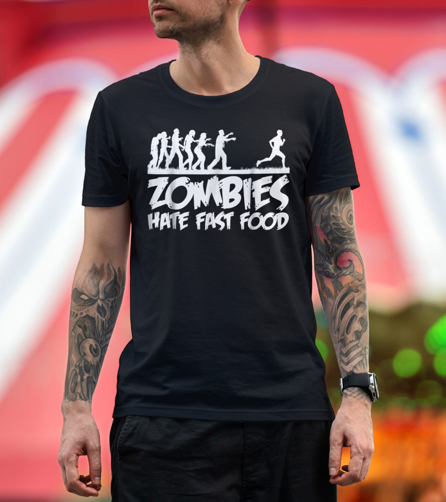 Zombies Hate Fast Food Funny Halloween Runner Chase T-Shirt