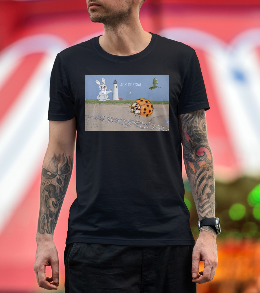 Ack Special Rabbit, Lighthouse, Ladybug, and Dragon Fantasy Beach Scene T-Shirt